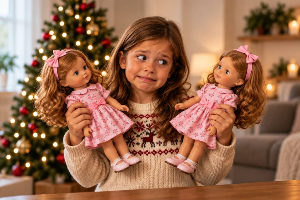 Petite fille faisant une grimace amusée en découvrant deux poupées identiques reçues à Noël.