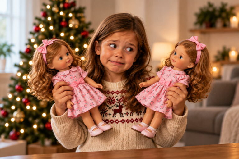 Petite fille faisant une grimace amusée en découvrant deux poupées identiques reçues à Noël.