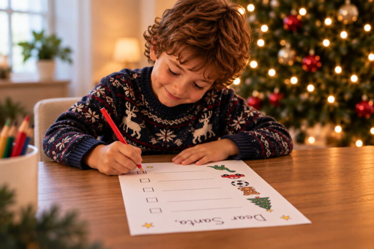 Young boy writing his Christmas wish list to Santa Claus beside a glowing Christmas tree.