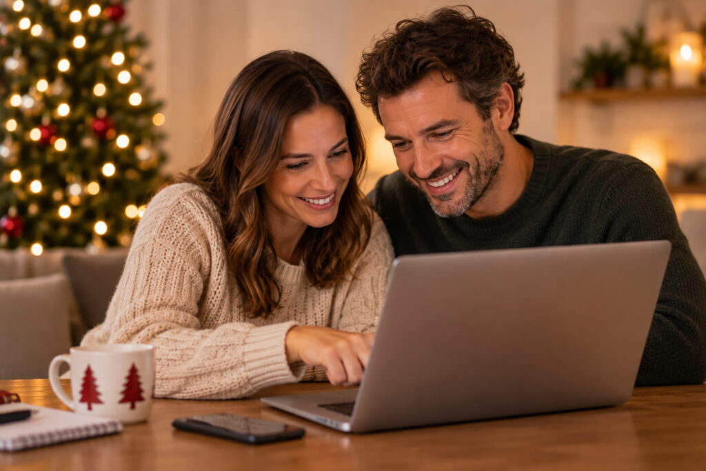 Parents creating an online Christmas gift wish list for their child together on a laptop.