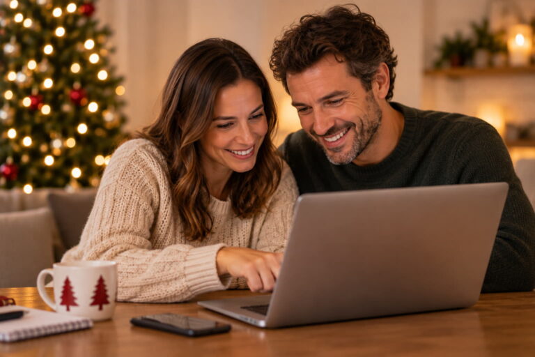 Parents préparant ensemble une liste de cadeaux de Noël en ligne pour leur enfant sur un ordinateur portable.