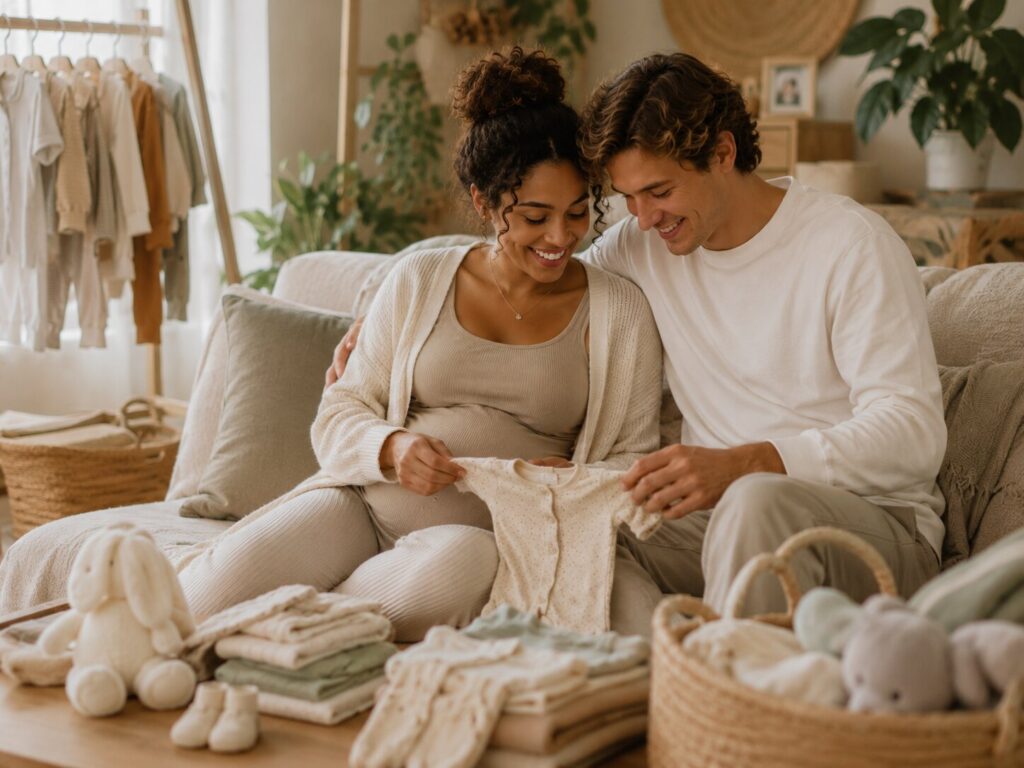 Pregnant woman and her partner looking at a baby onesie at home